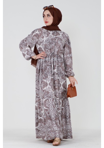 Mozaik Desen Beli Tünelli Viscon Elbise-Kahverengi