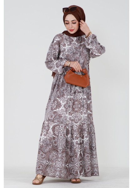 Mozaik Desen Beli Tünelli Viscon Elbise-Kahverengi fiyatları