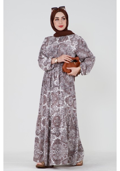 Mozaik Desen Beli Tünelli Viscon Elbise-Kahverengi modelleri