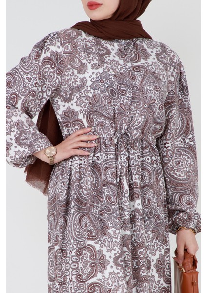 Mozaik Desen Beli Tünelli Viscon Elbise-Kahverengi fırsatları