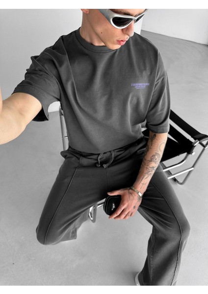 Erkek Oversize Eskitme Görünümlü T-Shirt Füme