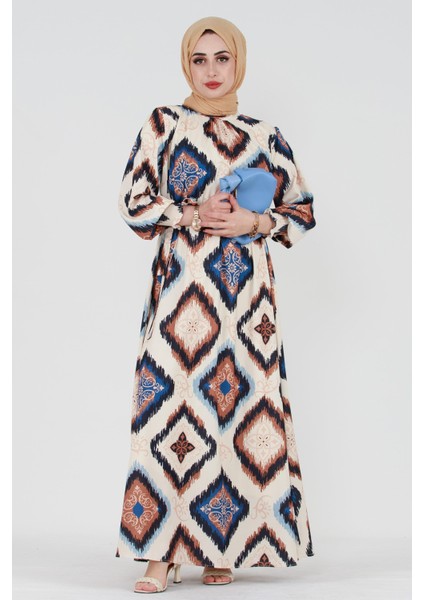 Ikat Desen Hürrem Elbise -Bej