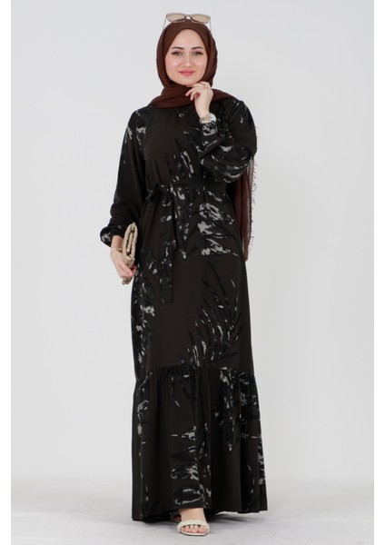 Zerda Kuşaklı Viskon Elbise-Haki