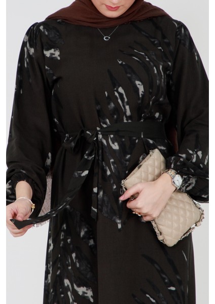 Zerda Kuşaklı Viskon Elbise-Haki fırsatları