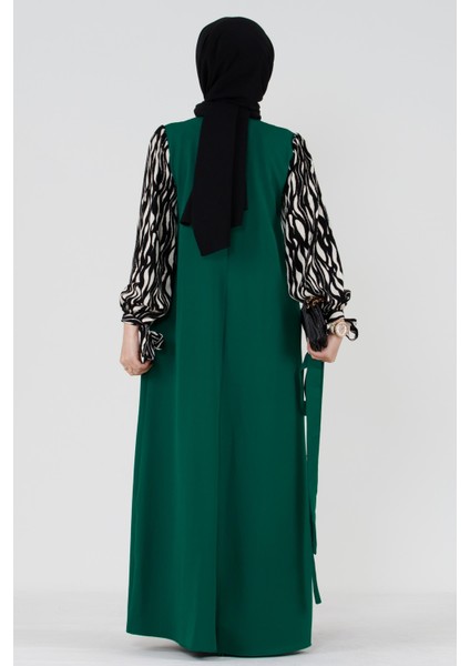 Kolları Desenli Tesettür Elbise-Zümrüt Yeşili indirimleri