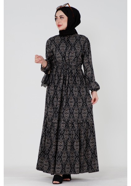 Baklava Desen Beli Tünelli Viskon Elbise-Siyah