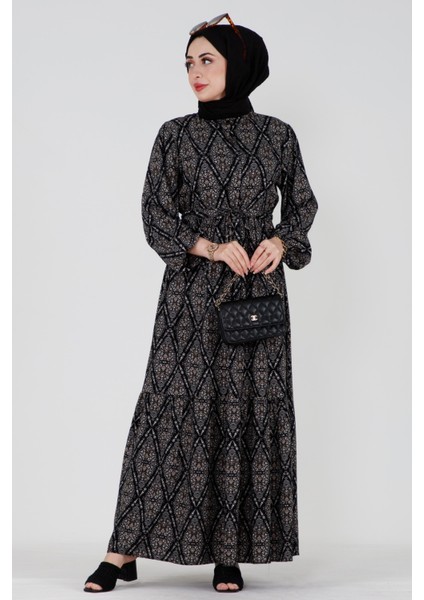 Baklava Desen Beli Tünelli Viskon Elbise-Siyah fiyatları