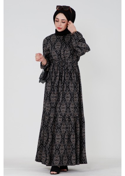 Baklava Desen Beli Tünelli Viskon Elbise-Siyah modelleri