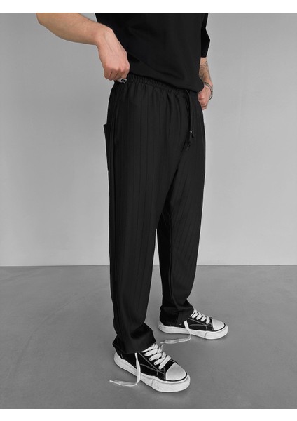Erkek Yazlık Baggy Fit Çizgili Rahat Pantolon Siyah