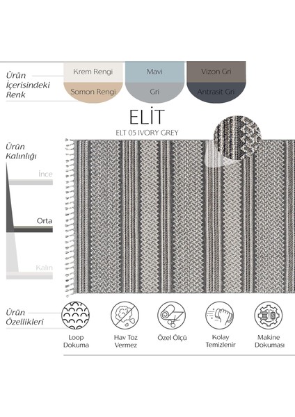 Elit 05 Fildişi Gri Bukle Salon Halısı Hav Toz Vermez Mutfak Halısı Etnik Örgü Desen Modern Koridor Halısı Makine Dokuması Kesme Yolluk