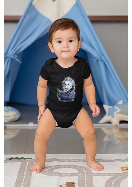 Albert Einstein Dil Çıkaran Portre Siyah Unisex Bebek Body - Zıbın