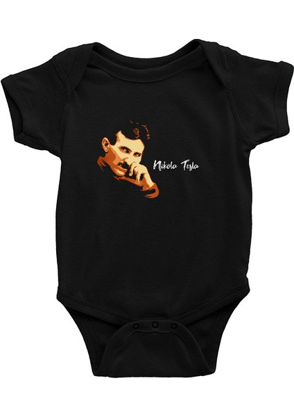 Nikola Tesla Portre Siyah Unisex Bebek Body - Zıbın