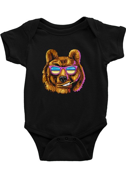 Gözlüklü Karizmatik Ayı Siyah Unisex Bebek Body - Zıbın