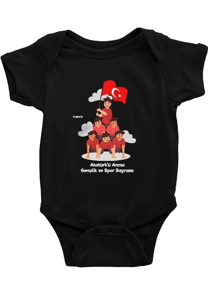 19 Mayıs Atatürk'ü Anma, Gençlik ve Spor Bayramı Siyah Unisex Bebek Body - Zıbın