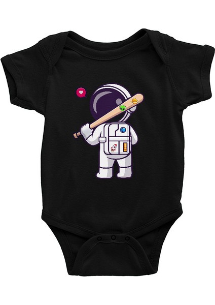Beyzbol Sopalı Astronot Siyah Unisex Bebek Body - Zıbın