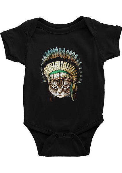 Kızılderili Lideri Kedi Siyah Unisex Bebek Body - Zıbın