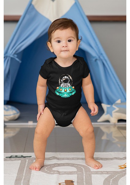 Uzay Gemisi Kullanan Astronot Siyah Unisex Bebek Body - Zıbın