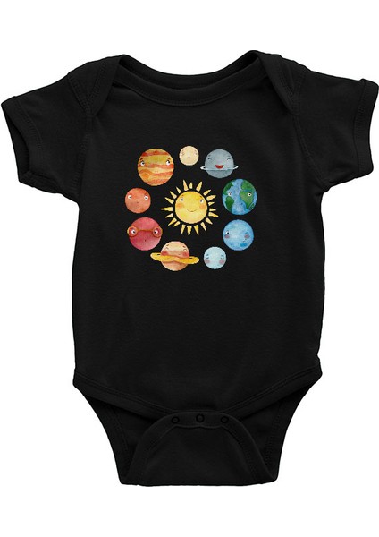 Güneş Sistemi Gezegenler Siyah Unisex Bebek Body - Zıbın