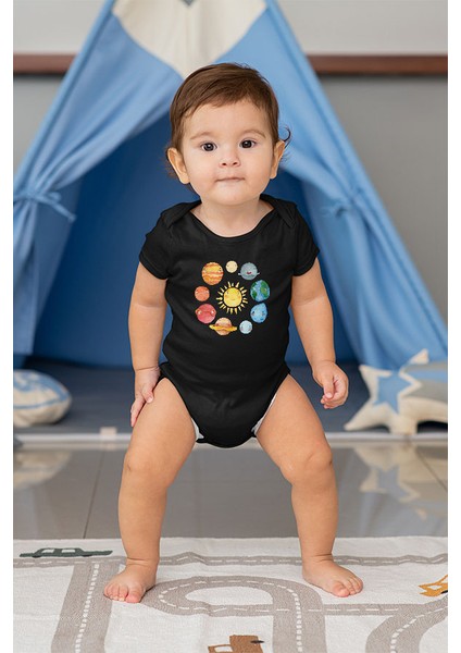 Güneş Sistemi Gezegenler Siyah Unisex Bebek Body - Zıbın