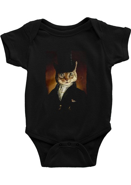 Retro Kedi Tablo Siyah Unisex Bebek Body - Zıbın