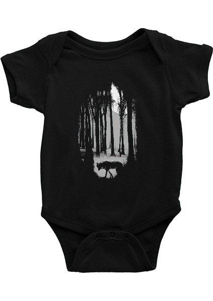 Doğa ve Kurt Siyah Unisex Bebek Body - Zıbın