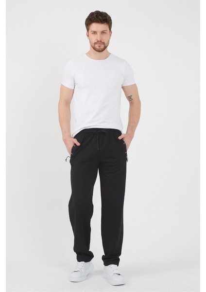 Siyah Erkek Fermuar Cep Nakış Detaylı Düz Paça Rahat Kesim Eşofman Altı indirimleri