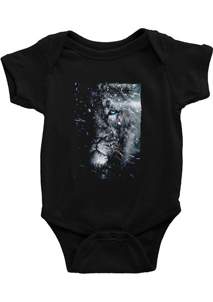 Mavi Gözlü Aslan Siyah Unisex Bebek Body - Zıbın