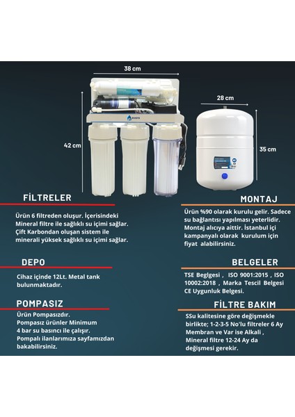 13 Aşamalı Açık Kasa 12 Lt. Pompasız Su Arıtma Cihazı