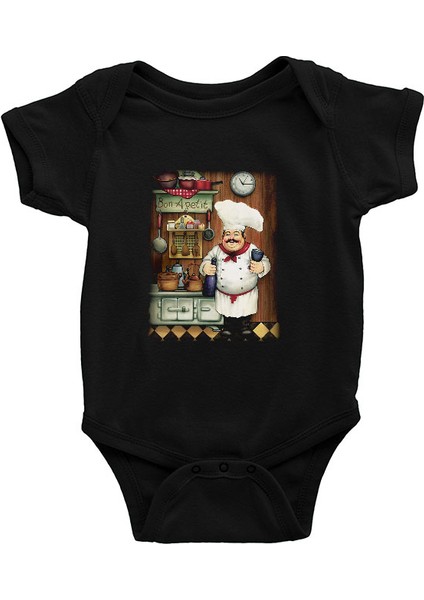 Aşçı Şef Chef Siyah Unisex Bebek Body - Zıbın