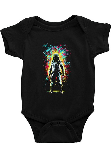 Renkli Astronot Siyah Unisex Bebek Body - Zıbın
