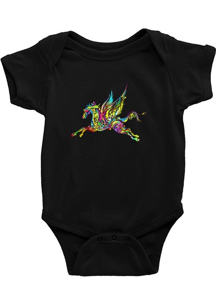 Renkli Kanatlı At Siyah Unisex Bebek Body - Zıbın