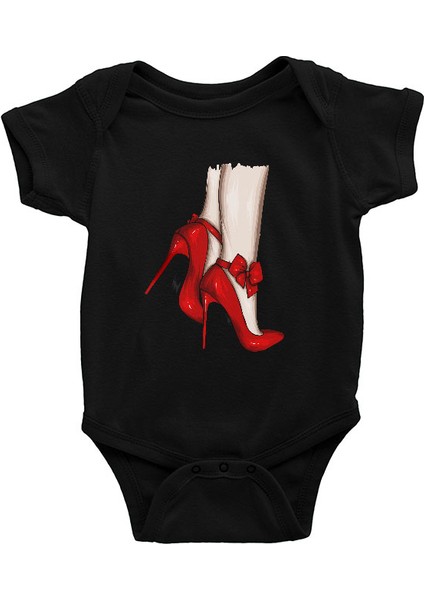 Kırmızı Bantlı Ayakkabı Stili Siyah Unisex Bebek Body - Zıbın