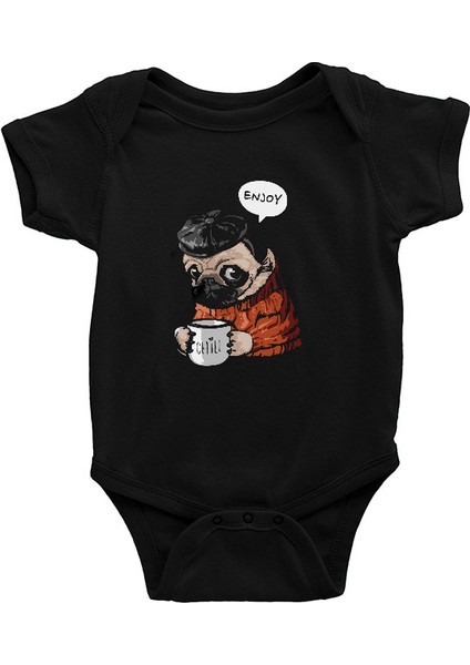 Kahve Seven Pug Siyah Unisex Bebek Body - Zıbın