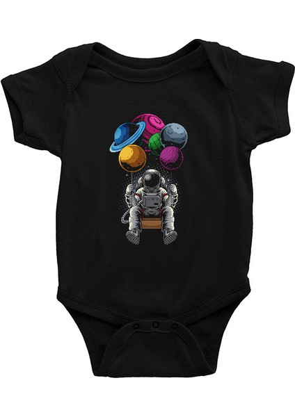 Gezegenlerde Sallanan Astronot Siyah Unisex Bebek Body - Zıbın