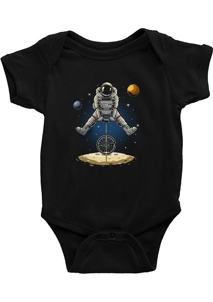 Tek Tekerlekli Bisiklet Kullanan Astronot Siyah Unisex Bebek Body - Zıbın