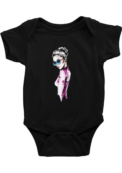 Mavi Gözlük Tarzı Siyah Unisex Bebek Body - Zıbın