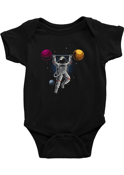 Halterci Astronot Siyah Unisex Bebek Body - Zıbın