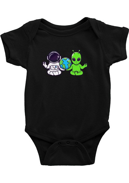 Meditasyon Yapan Alien ve Astronot Siyah Unisex Bebek Body - Zıbın