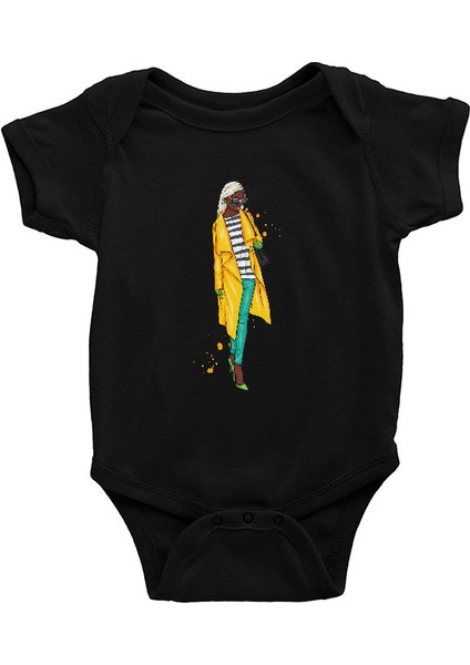 Sarı Trençkot Fashion Siyah Unisex Bebek Body - Zıbın
