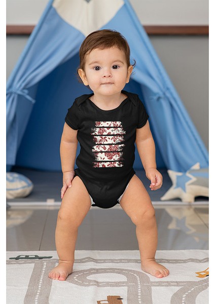 Deniz Kaplumbağası Karetta ve Palmiye Siyah Unisex Bebek Body - Zıbın