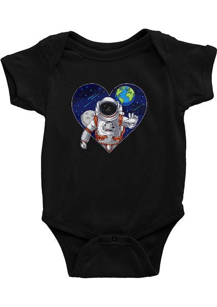 Uzayı Seven Astronot Siyah Unisex Bebek Body - Zıbın