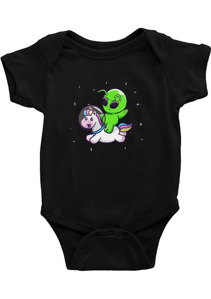 Şirin Unicorn ve Alien Siyah Unisex Bebek Body - Zıbın