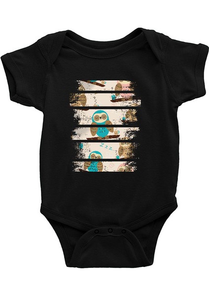 Uyuyan Baykuş Siyah Unisex Bebek Body - Zıbın
