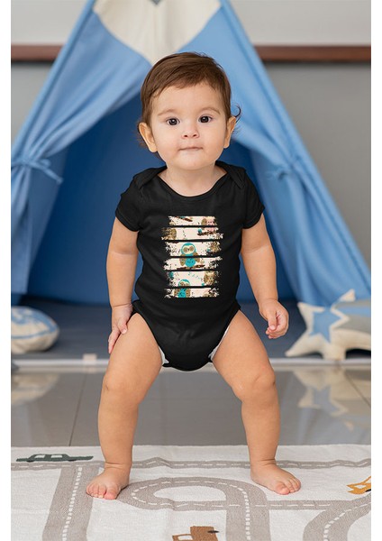 Uyuyan Baykuş Siyah Unisex Bebek Body - Zıbın