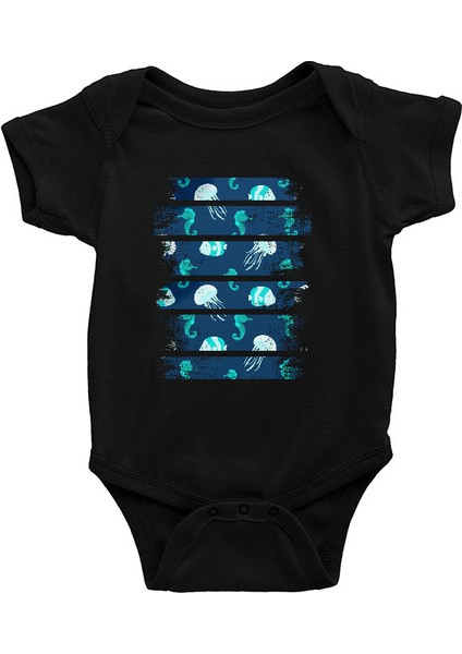 Deniz Canlıları Siyah Unisex Bebek Body - Zıbın