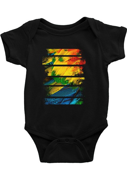 Renkli Papağan Kanadı Siyah Unisex Bebek Body - Zıbın