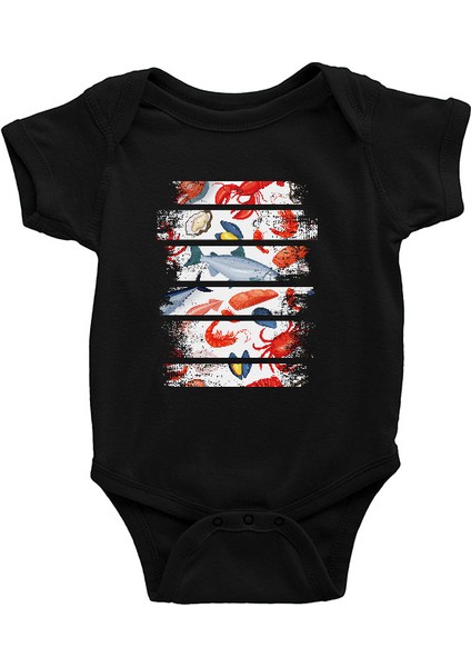 Somon Dilimi Sokak Midyesi Mürekkep Balığı Siyah Unisex Bebek Body - Zıbın