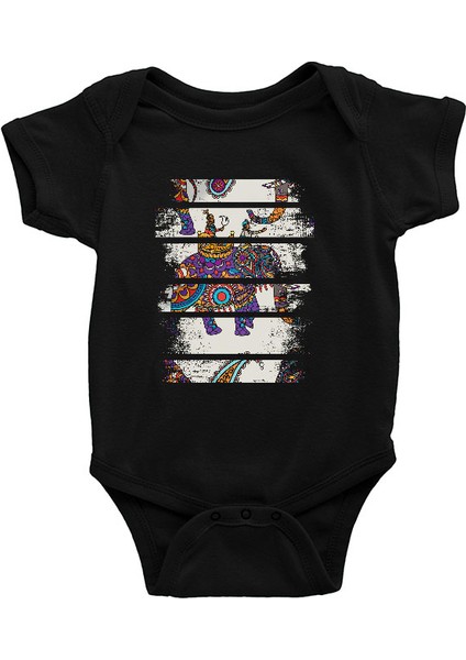 Buta Desenli Fil Siyah Unisex Bebek Body - Zıbın