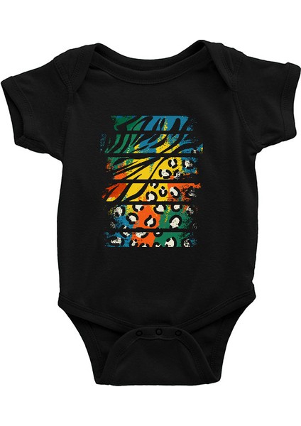 Renkli Vahşi Hayvan Deseni Siyah Unisex Bebek Body - Zıbın
