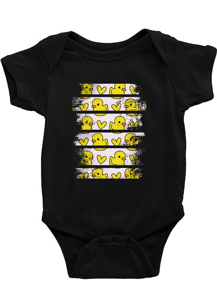 Sarı Kalpli Ördek Siyah Unisex Bebek Body - Zıbın